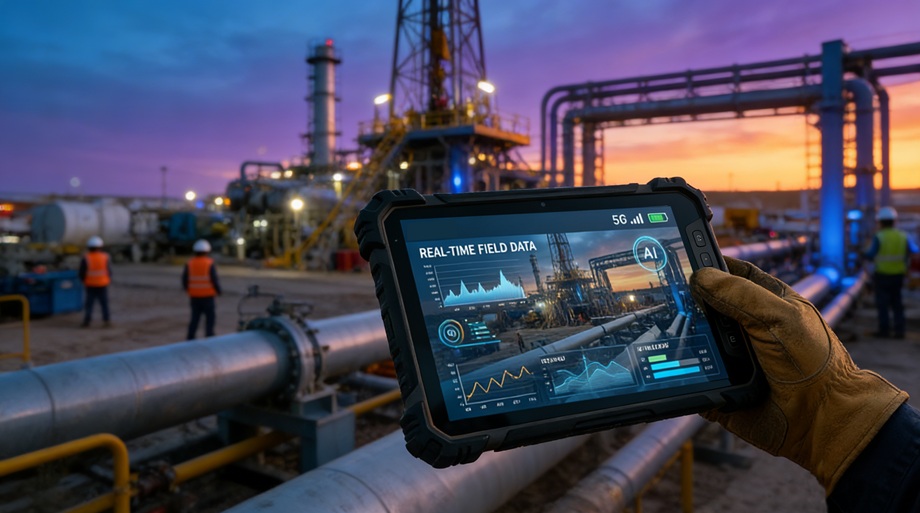 Technician using a Verizon rugged tablet on a rainy construction site Technician using a Verizon rugged tablet on a rainy construction site