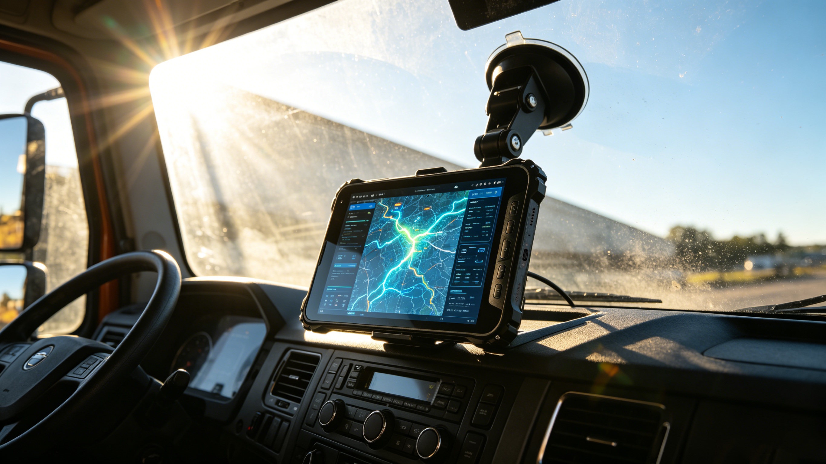 K8 Active rugged tablet mounted on truck dashboard running ELD fleet telematics map in intense summer sunlight K8 Active rugged tablet mounted on truck dashboard running ELD fleet telematics map in intense summer sunlight