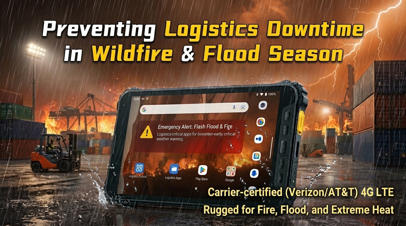 First responder using a MIL-STD-810H tablet near a wildfire containment zone. First responder using a MIL-STD-810H tablet near a wildfire containment zone.