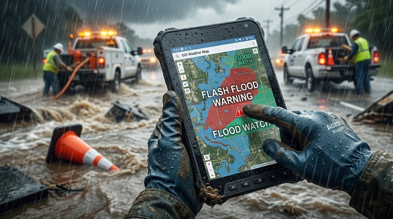 Industrial rugged tablet operating under heavy rain during a field utility repair-1 Industrial rugged tablet operating under heavy rain during a field utility repair-1