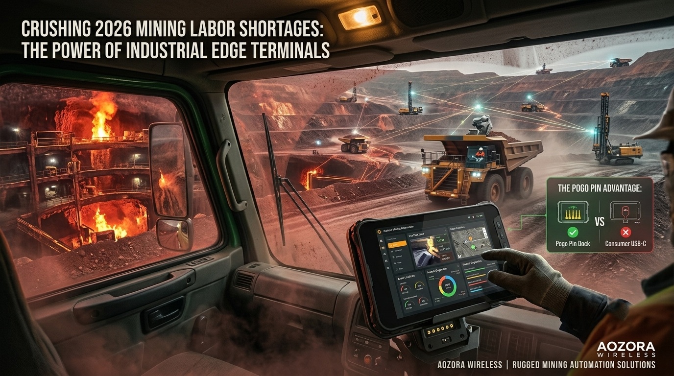 Aozora rugged tablet for mining mounted via Pogo Pin inside a haul truck cockpit in Western Australia. Прочный планшет Aozora для горнодобывающей промышленности, установленный с помощью Pogo Pin внутри кабины карьерного самосвала в Западной Австралии.