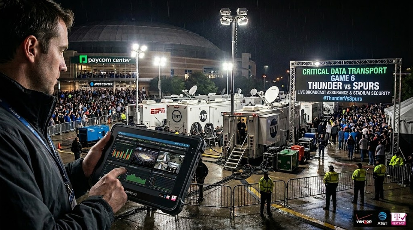 Android rugged tablet mounted inside an outdoor broadcast truck at a sports stadium. Tablet Android robusto montado dentro de um caminhão de transmissão ao ar livre em um estádio esportivo.