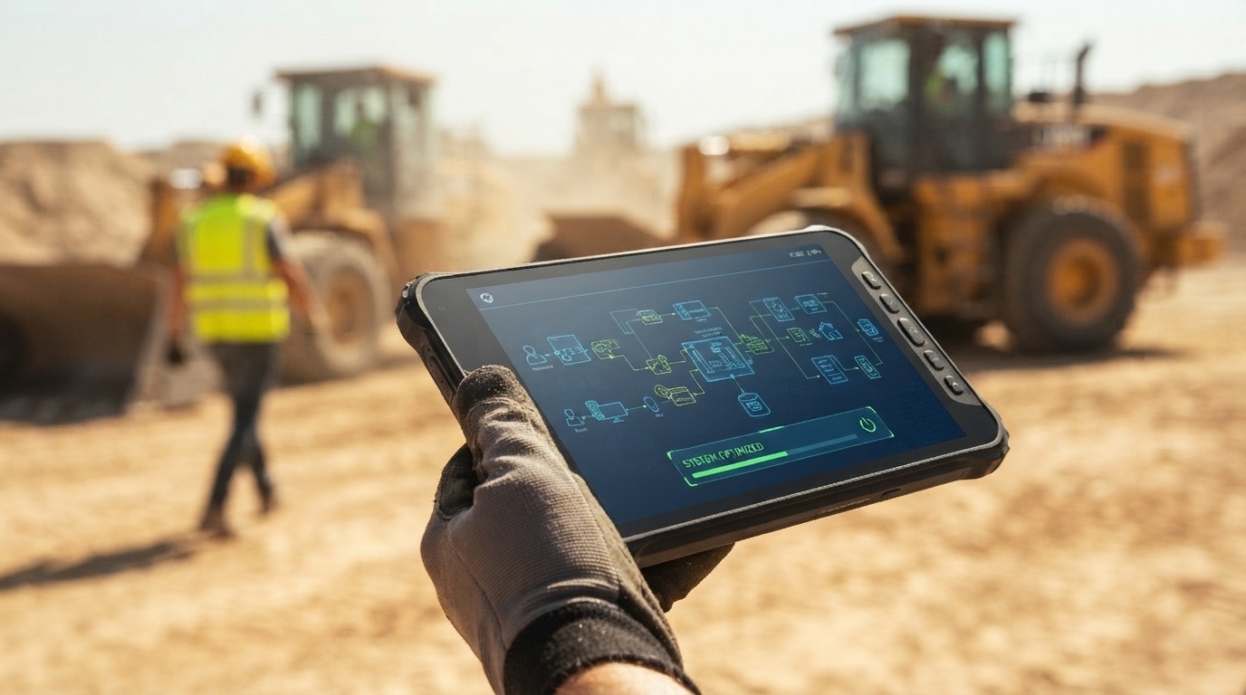 Aozora industrial rugged tablet operating on a sun-drenched construction site-1 Aozora industrial rugged tablet operating on a sun-drenched construction site-1
