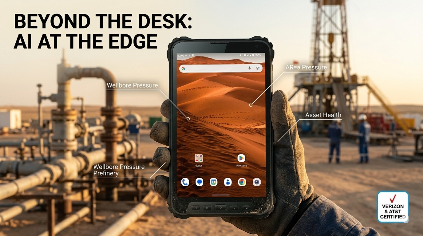 Field technician using an AI-ready rugged tablet for predictive maintenance on heavy machinery.