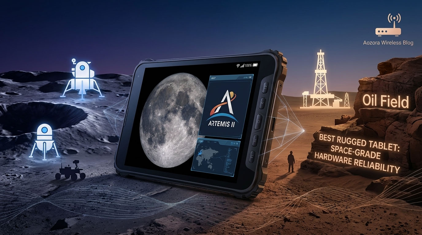 K8 Active rugged tablet displaying lunar exploration data next to glowing Artemis mission graphics in a moon landscape.jpg