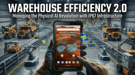 Industrial rugged tablet managing a fleet of AMR robots in a high-tech warehouse.jpg