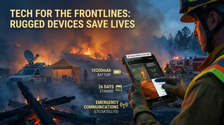 Das robuste Aozora K8 Active-Tablet in der Hand zeigt die Kartierung von Waldbr&auml;nden mit Rauch und Feuer im Hintergrund..jpg