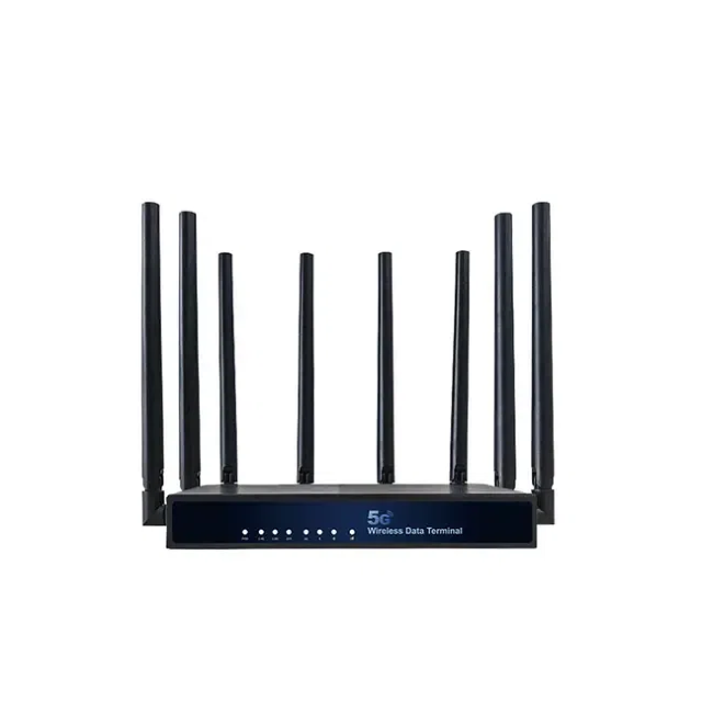 5G CPE Router Image of a modern 5G CPE router with sleek antennas and LED indicators, designed for high-speed wireless connectivity in remote work environments.