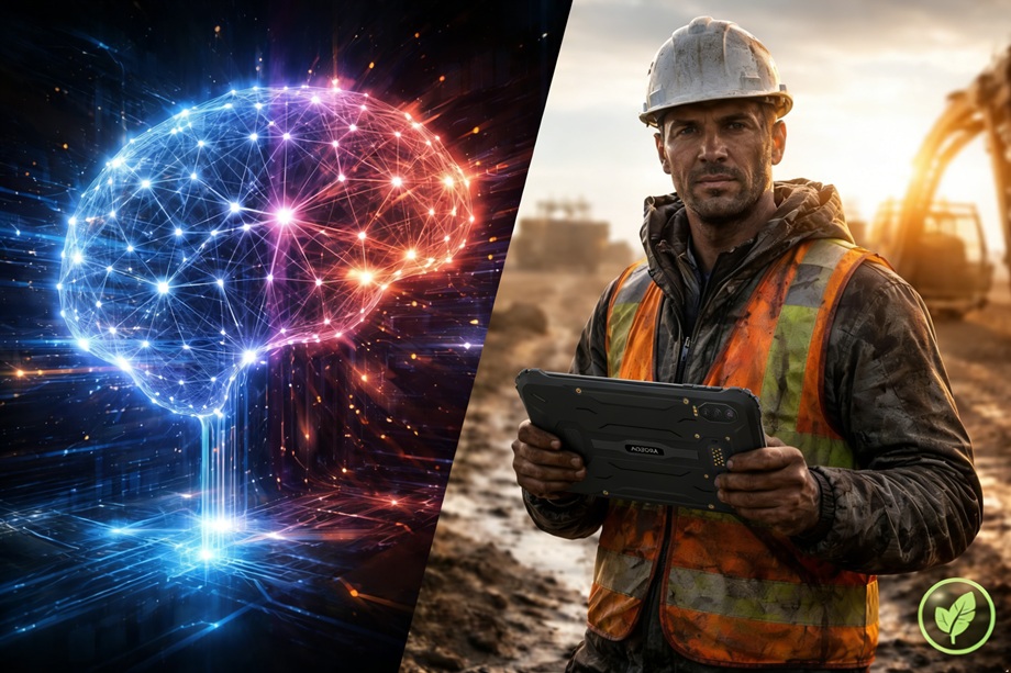 Tablet robusto wireless Aozora utilizzato da un tecnico sul campo in un ambiente difficile.