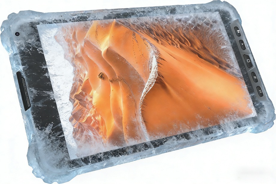 AOZORA K8 Active rugged tablet encased in ice showing desert landscape, demonstrating extreme temperature resilience from -20C to 60C.
