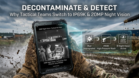 Industrial rugged tablet undergoing high-pressure chemical sanitization..jpg