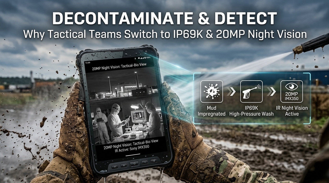 Industrial rugged tablet undergoing high-pressure chemical sanitization..jpg