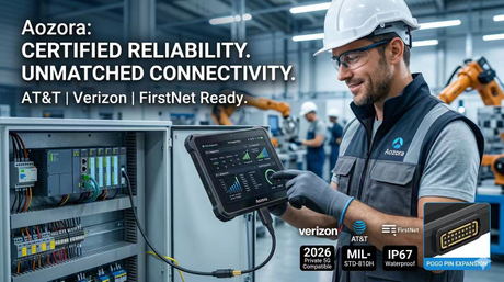 Aozora rugged tablet displaying real-time PLC diagnostics via Pogo pin.jpg