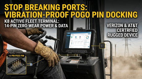 K8 Active rugged tablet with pogo pin dock mounted on a warehouse forklift dashboard.jpg