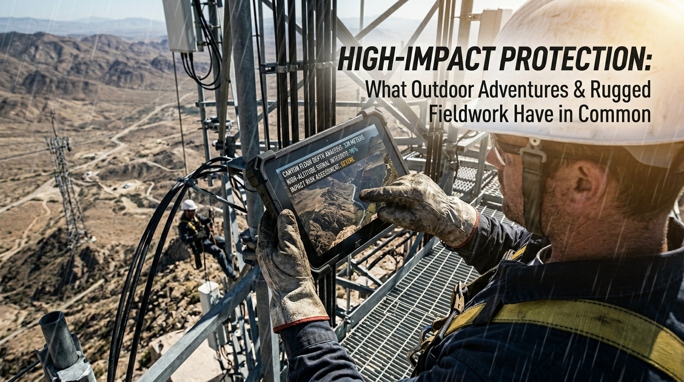 Lineman using an Android rugged tablet with heavy work gloves on a utility tower. ユーティリティタワーで頑丈な Android タブレットを使用し、分厚い軍手を着用するラインマン。