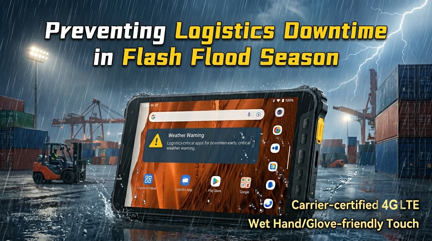 Forklift operator using an industrial verizon tablet in a rainy cargo yard..jpg