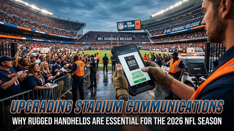 Staff using a rugged handheld for NFL ticket scanning at a crowded stadium gate..jpg