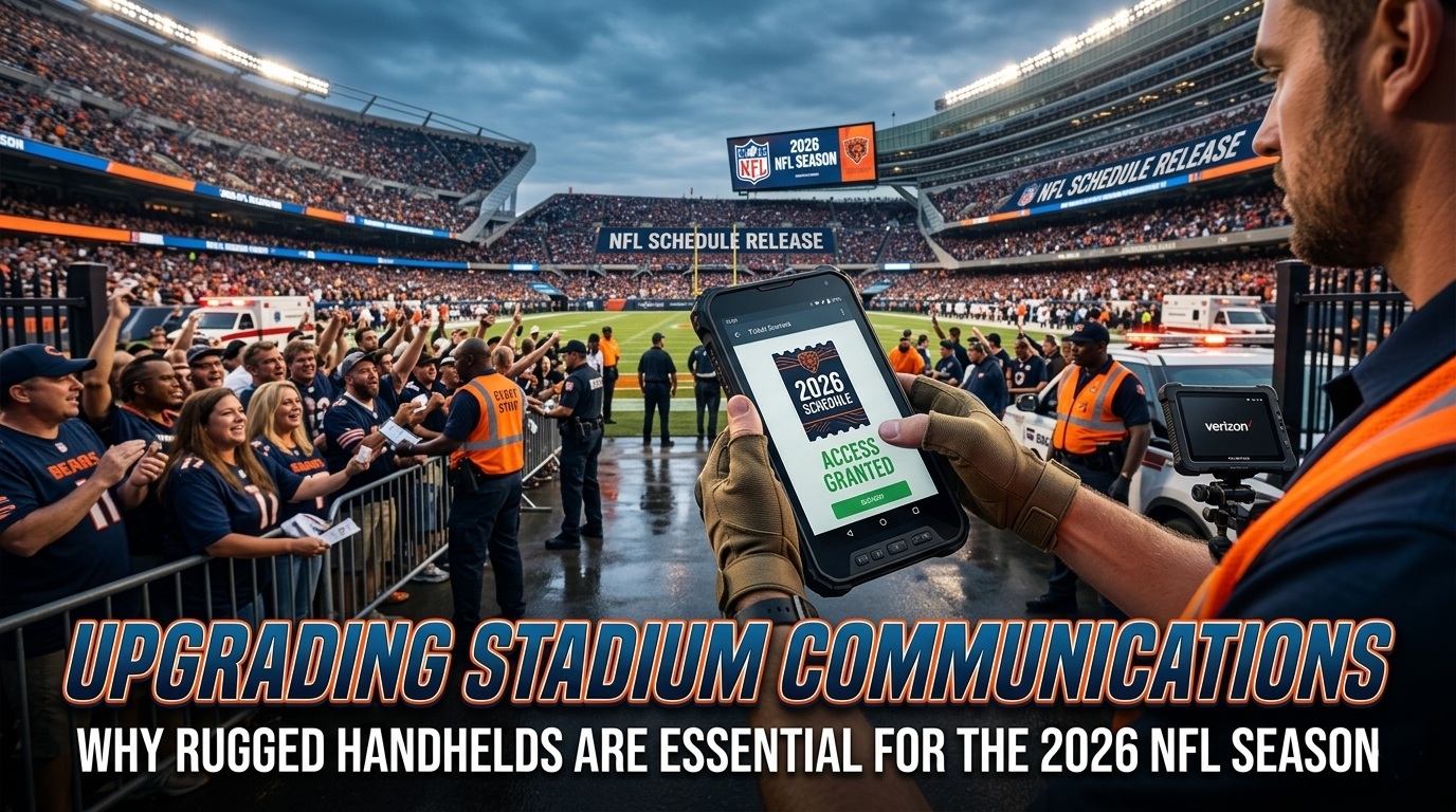 Staff using a rugged handheld for NFL ticket scanning at a crowded stadium gate..jpg
