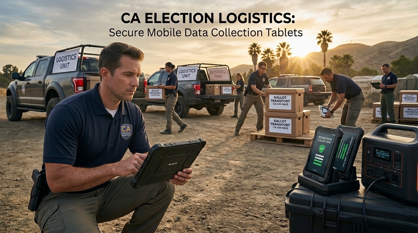 Aozora K8 Active industrial rugged tablet for government logistics displaying an encrypted ballot transport log in a regional hub..jpg