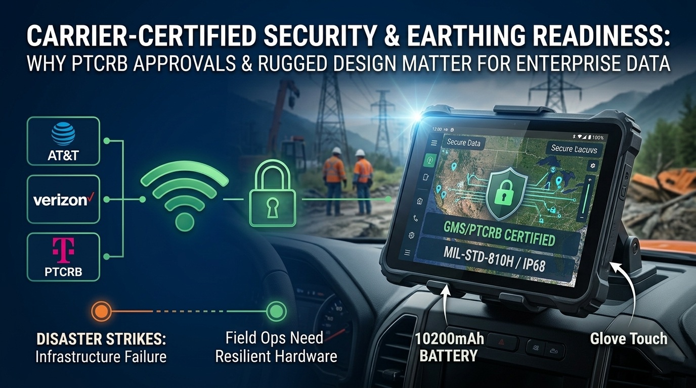Android rugged tablet displaying encrypted communication logs during utility outage repair.jpg