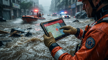 Field operator using an industrial rugged tablet during a heavy rain flash flood emergency.-1.jpg