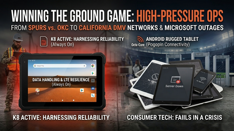 Professional security team using K8 Active rugged tablet outside a stadium..png