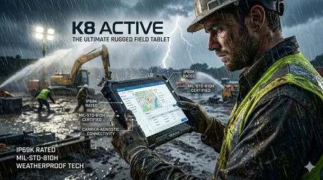 Industrial Verizon tablet K8 Ultra being used in heavy rain on a construction site.jpg