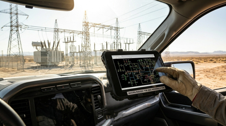 Aozora industrial rugged tablet mounted on a utility truck for Texas power grid inspection..jpg