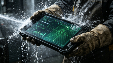 K8 Active IP69K rugged tablet being washed down by high pressure industrial water jet.jpg