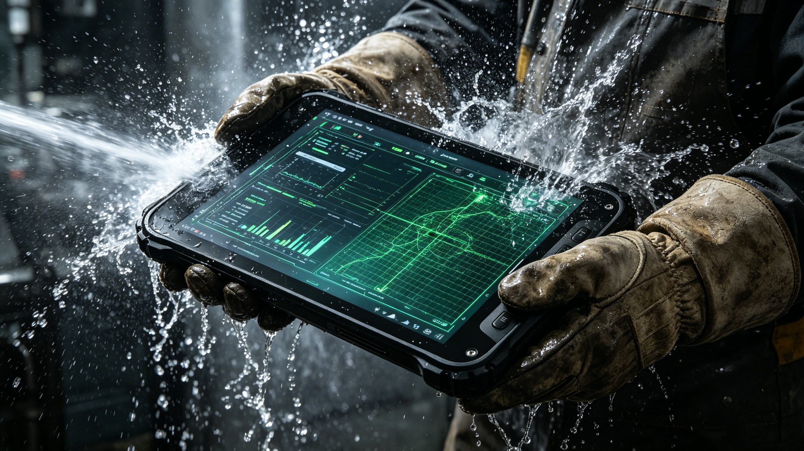 K8 Active IP69K rugged tablet being washed down by high pressure industrial water jet.jpg