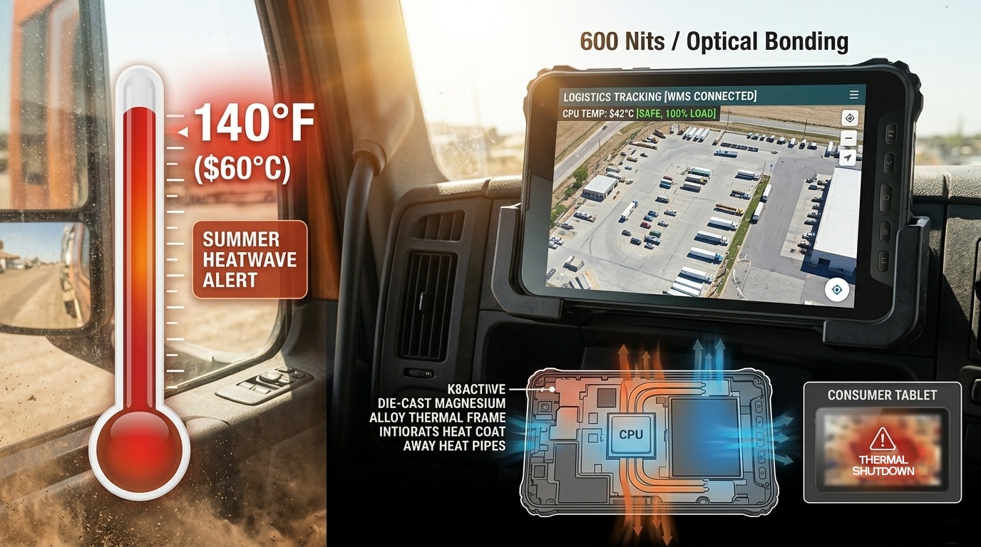 K8 Active industrial rugged tablet mounted on a construction vehicle dashboard under direct sunlight.jpg