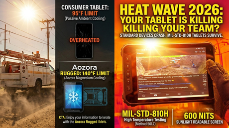 Industrial rugged tablet mounted on an utility truck dashboard under direct sunlight during a heat wave.jpg