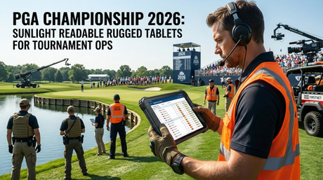 Tournament marshal using an industrial rugged tablet near a golf course water hazard..jpg