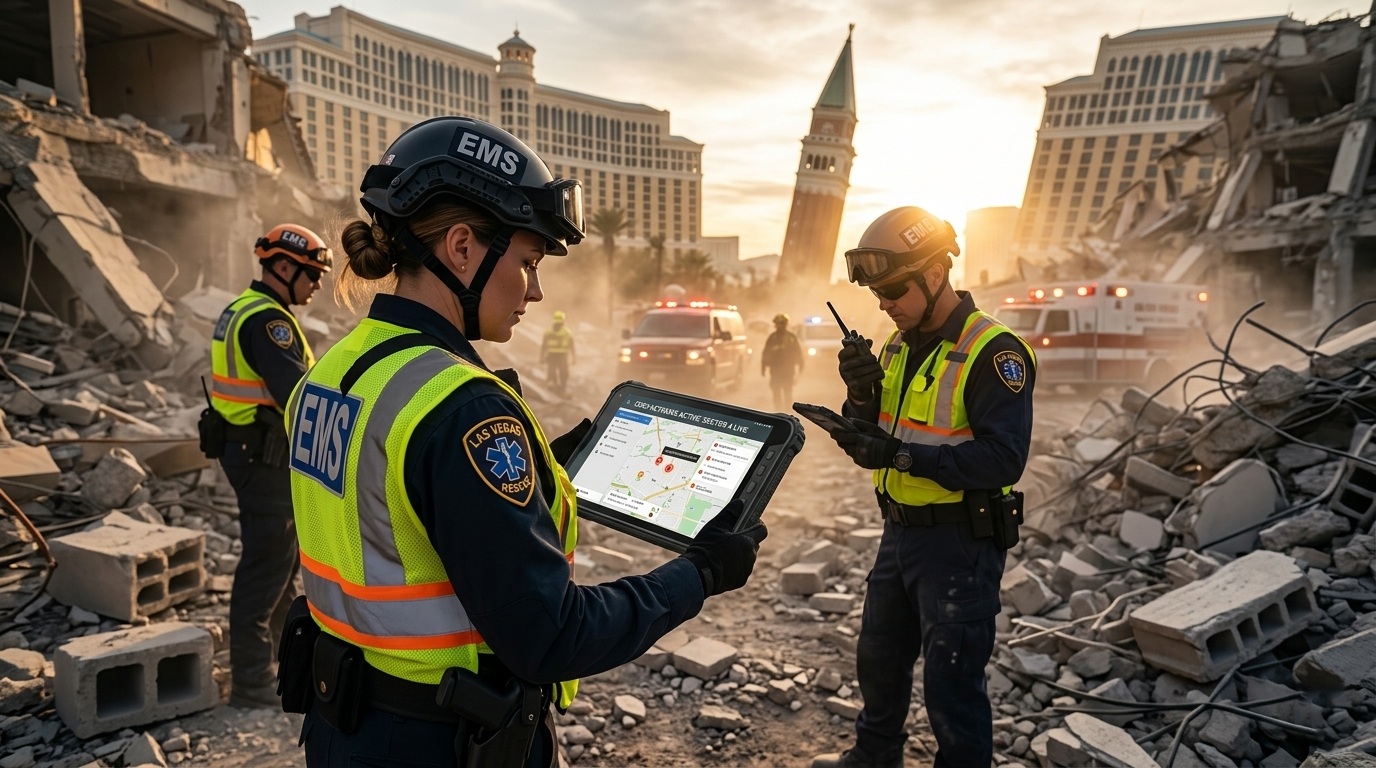First responder communication device displaying FirstNet Band 14 connectivity status amidst rubble and dust.11.jpg