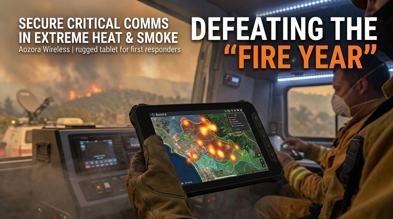 Aozora heat-resistant rugged tablet displaying topography maps inside a smoke-filled wildfire command center..jpg