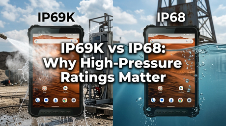 Aozora K8 Active rugged tablet undergoing high-pressure water jet testing for IP69K certification..jpg