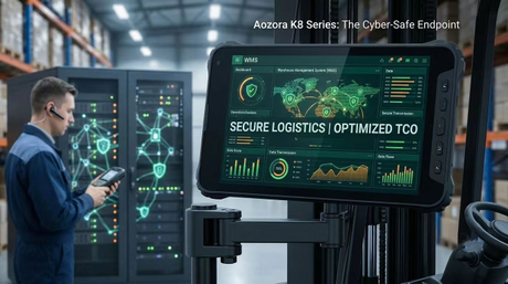 Aozora industrial rugged tablet mounted securely on a forklift cabin in a busy logistics warehouse..jpg