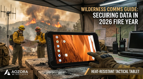 Ingegnere civile esamina pesanti schemi CAD su un tablet robusto Aozora in un fangoso impianto di trattamento delle acque del Texas Expansion.jpg