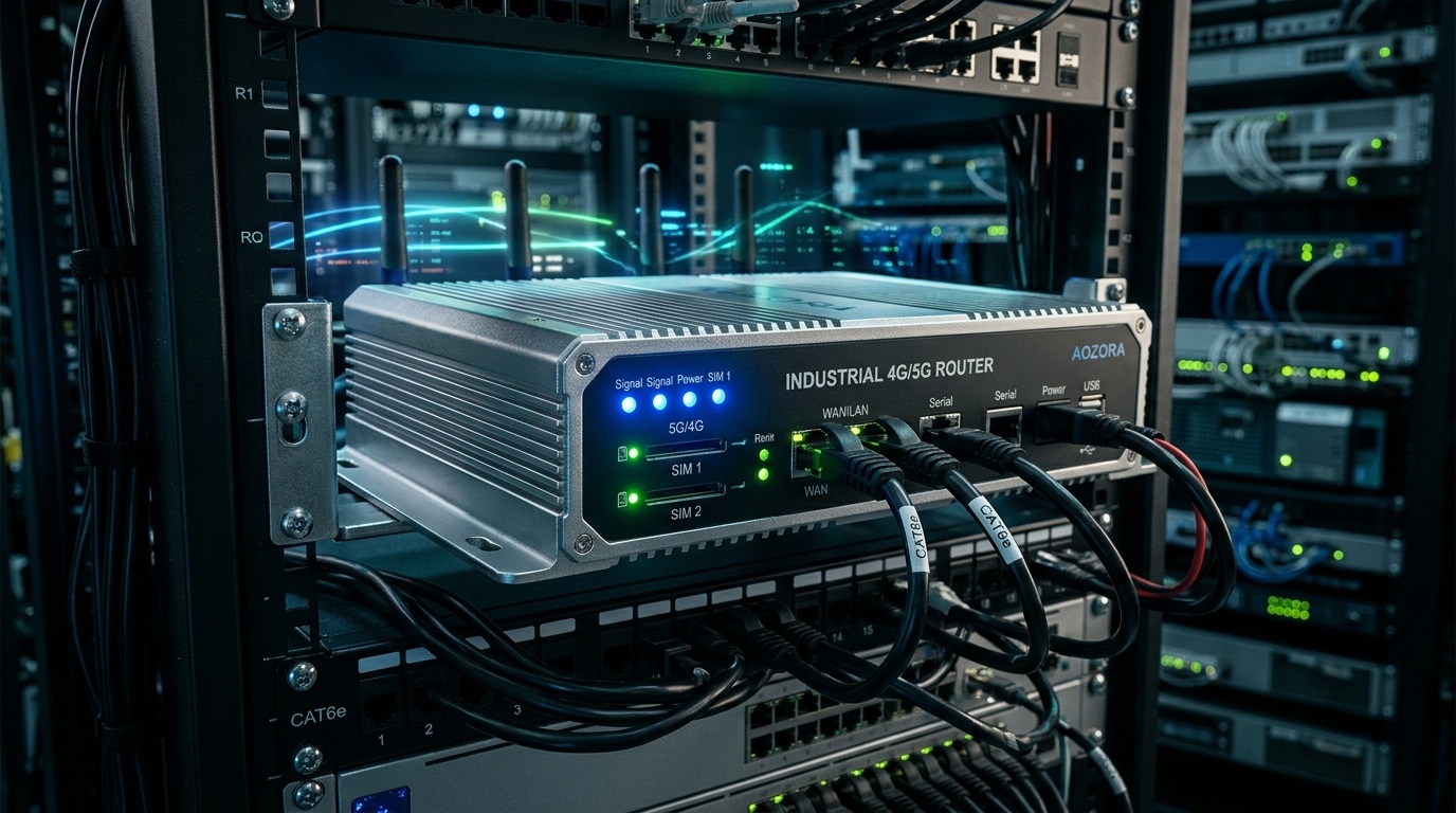 Aozora industrial 4g router installed in a logistics warehouse rack for wireless failover solution..jpg