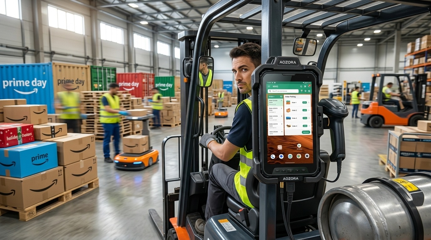 Warehouse management rugged tablet securely docked on a moving forklift inside a 3PL distribution center..jpg