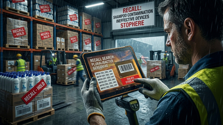 Warehouse manager using an industrial rugged tablet with a barcode scanner attached to track inventory in a busy facility.-2.jpg