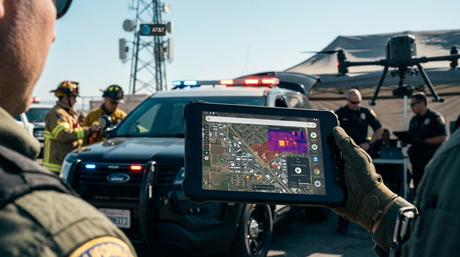 Public safety officer locking an industrial verizon tablet into a heavy-duty vehicle dock during emergency response..jpg