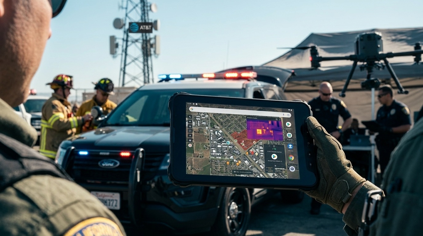 Public safety officer locking an industrial verizon tablet into a heavy-duty vehicle dock during emergency response..jpg