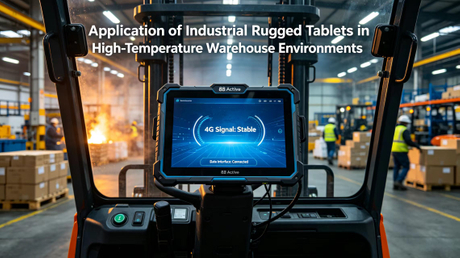 K8 Active android rugged tablet docked securely inside a forklift cabin operating in a high temperature logistics hub.jpg