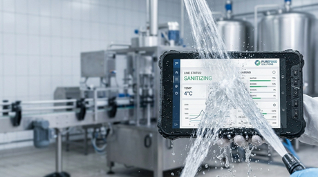 Waterproof industrial tablet sprayed down with high-pressure water jets in a meat processing facility..jpg