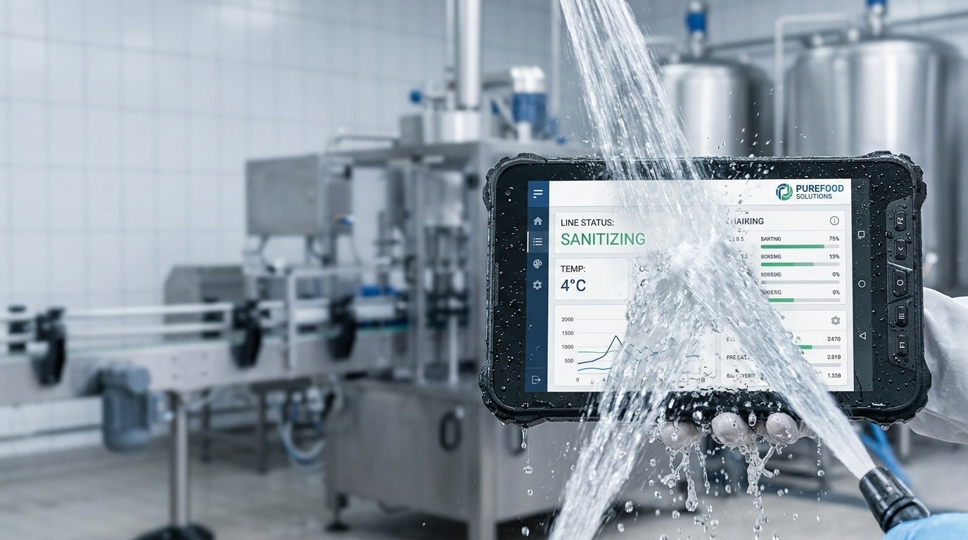Waterproof industrial tablet sprayed down with high-pressure water jets in a meat processing facility..jpg