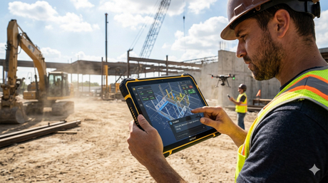 Tablet industrial robusto executando software de diagn&oacute;stico de IA em um canteiro de obras.jpg