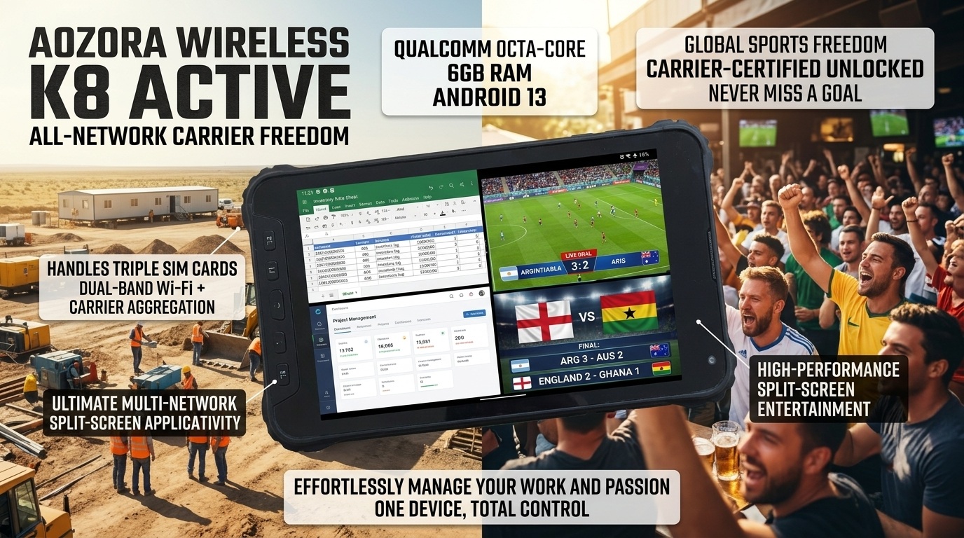 Aozora rugged android tablet displaying a split-screen view of field data entry alongside a live sports stream under harsh sunlight. Aozora の頑丈な Android タブレットは、厳しい日差しの下でスポーツのライブ ストリームと並行してフィールド データ入力の分割画面ビューを表示します。