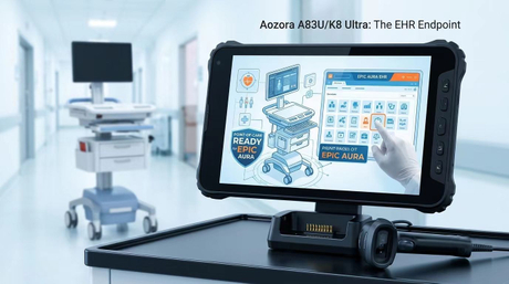 Aozora rugged tablet mounted on a hospital clinical workstation on wheels running EHR software..jpg