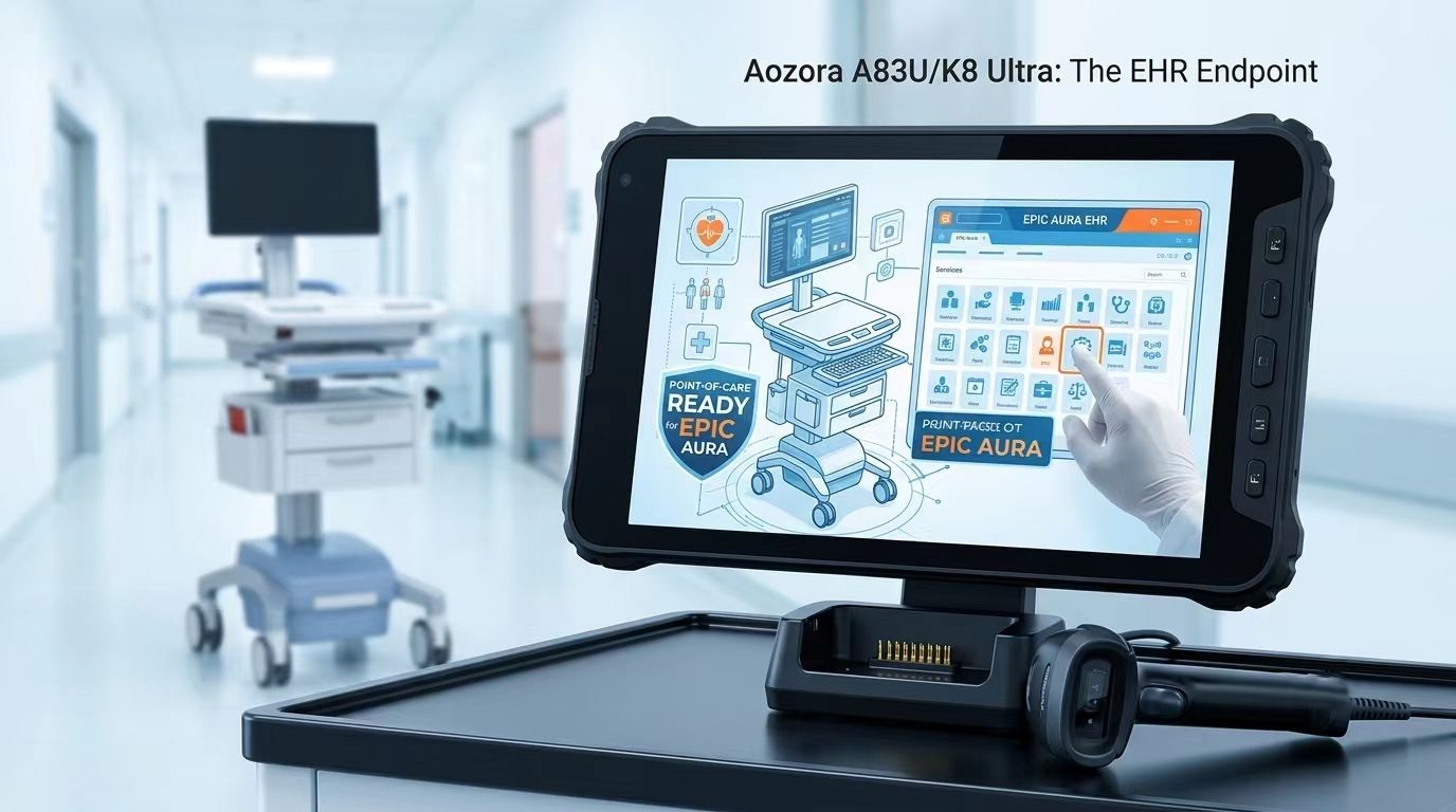 Aozora rugged tablet mounted on a hospital clinical workstation on wheels running EHR software..jpg